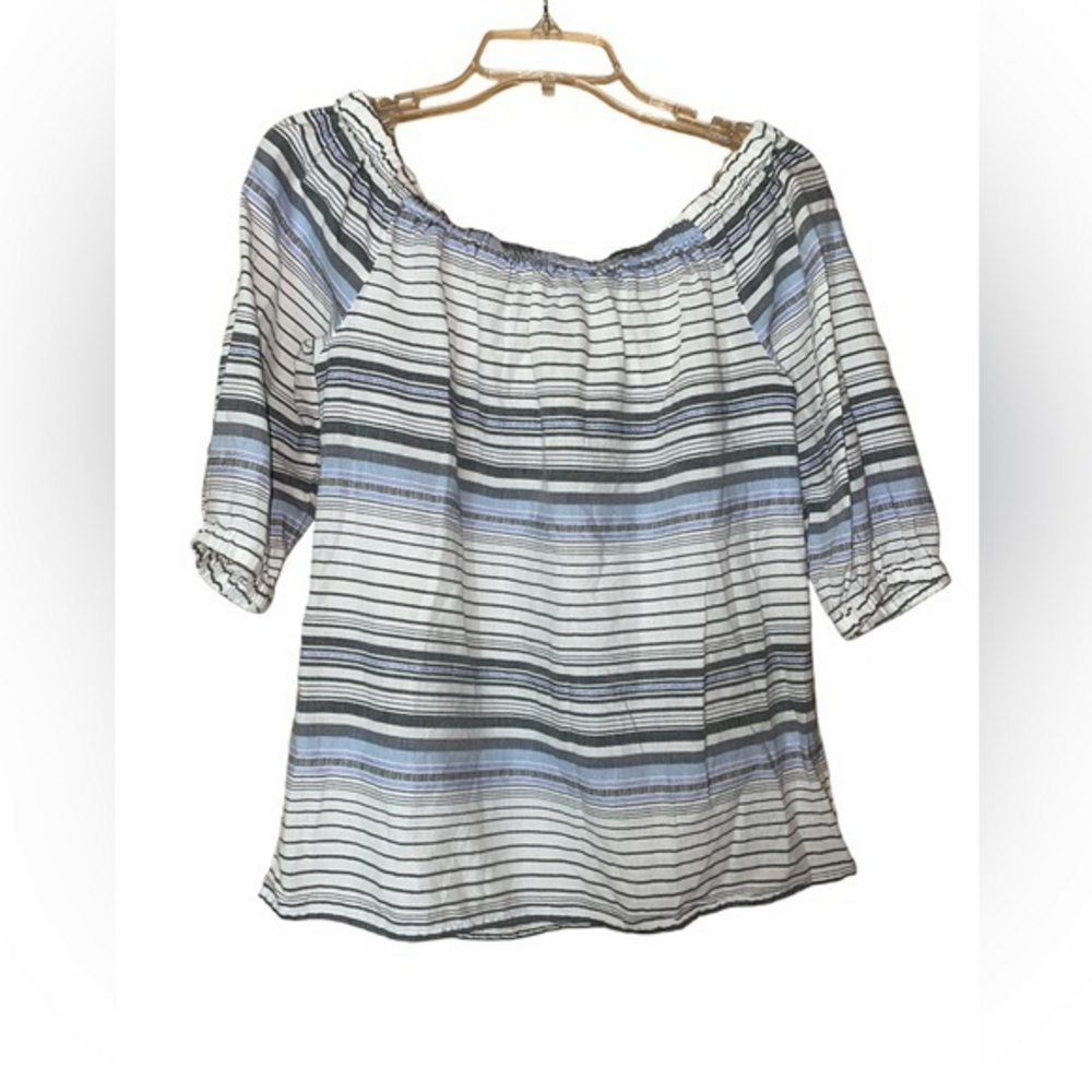 Absolutely Famous Striped Off the Shoulder Top Blouse Cotton Small Blue‎ White